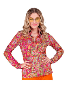 Jaren 70 shirt paisley dames - kleurrijke hippie discoblouse met paisleyprint