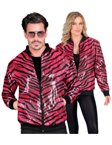 Bomberjack roze gestreept - roze pailletten zebra bomberjas unisex disco