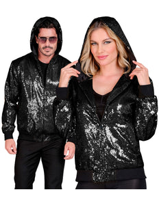 Pailletten bomberjas met kap zwart - zwarte glitter bomberjack met capuchon disco