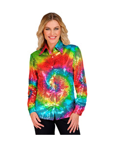 Paillettenshirt dames tie dye meerkleurig - kleurrijk glitter discoshirt met tie dye pailletten