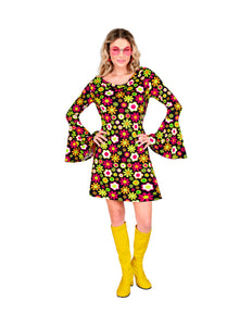 70s jurk flowers dames - retro flower power verkleedjurk met bloemenprint