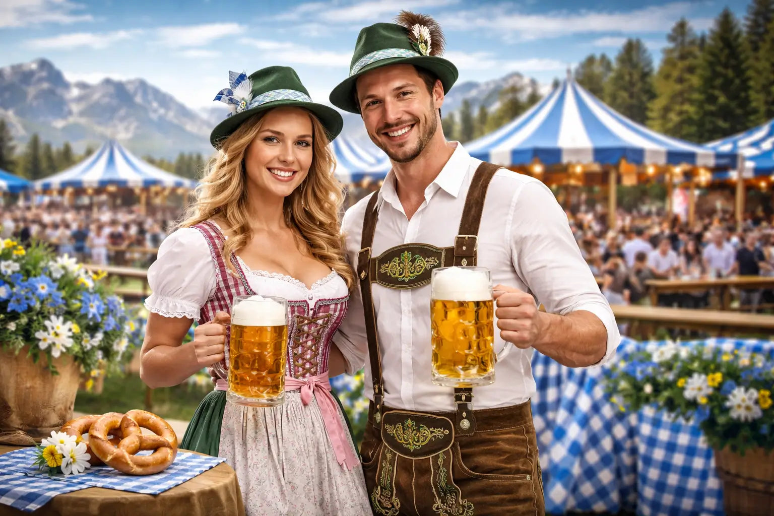Oktoberfest 2026 kleding met dirndl en lederhosen