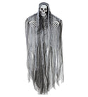Halloween pop grim reaper hangdecoratie met skeletgezicht en kap van grijs gerafeld gaas