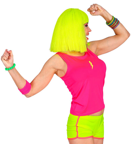 Neon roze tanktop detail, fout feest disco kleding jaren 80