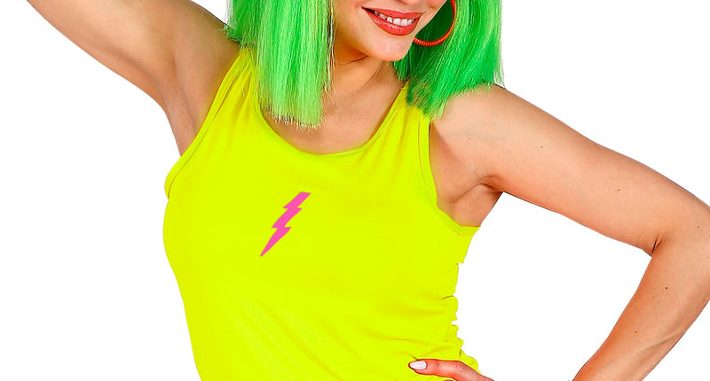Neon geel hemdje dames, fluo gele tanktop jaren 80 vooraanzicht