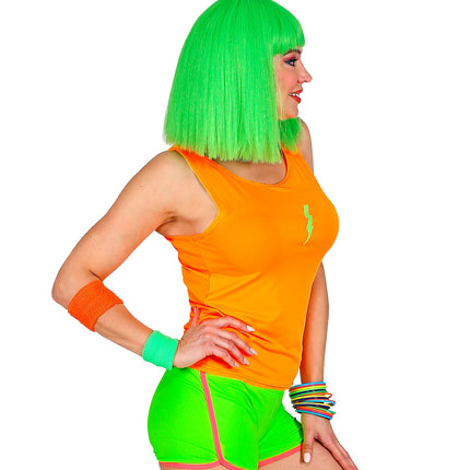 Neon oranje tanktop detail, fout feest disco kleding jaren 80