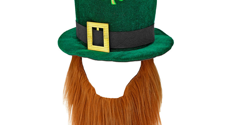 Hoge hoed leprechaun met baard, groen met zwarte band, gouden gesp en klaver, voor St Patrick's Day