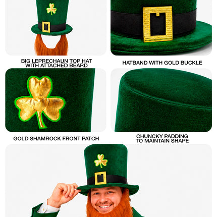 Detailfoto's leprechaun hoed: gouden klaverapplicatie, zwarte hoedband met gesp en stevige bol