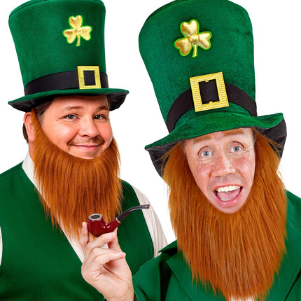 Twee heren met de leprechaun hoge hoed en baard op een Iers themafeest