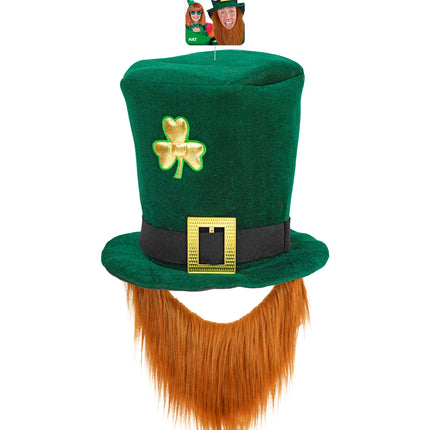 Groene leprechaun hoge hoed met vastgezette roodbruine baard, zijaanzicht met verpakking