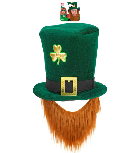 Groene leprechaun hoge hoed met vastgezette roodbruine baard, zijaanzicht met verpakking