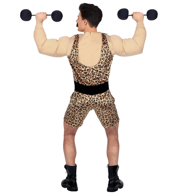 Gewichtheffer spierpak close-up, sterke man bodybuilder verkleedkleding heren