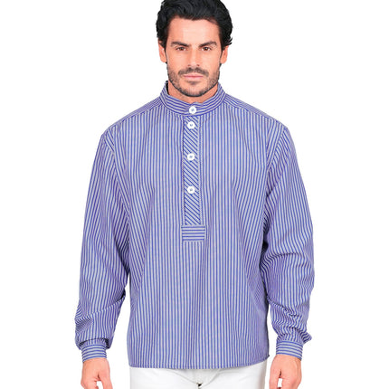 Matrozen shirt heren detail van knoopsluiting met gestreept klepje en manchetten