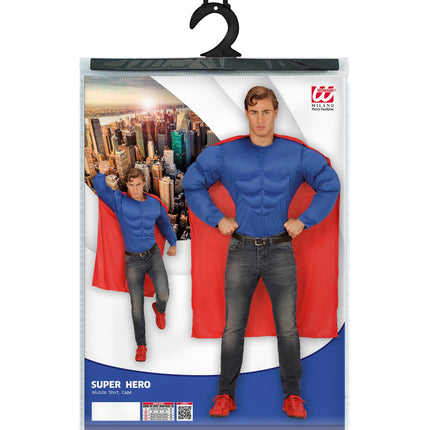 Superheld spierballen shirt compleet, super muscle held kostuum met cape