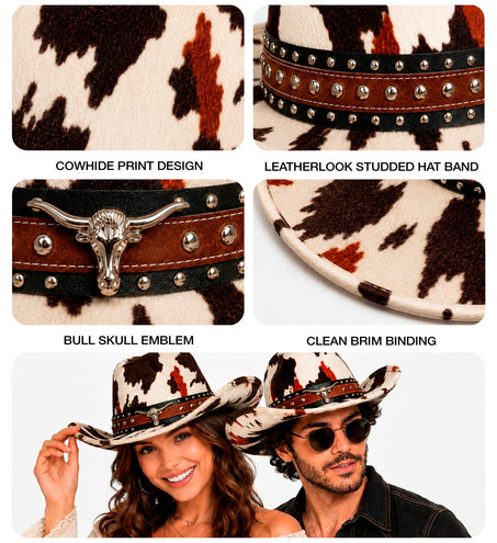 Detailfoto cowboyhoed: koeienhuidprint, studs, stierenkop en afgebiesde rand