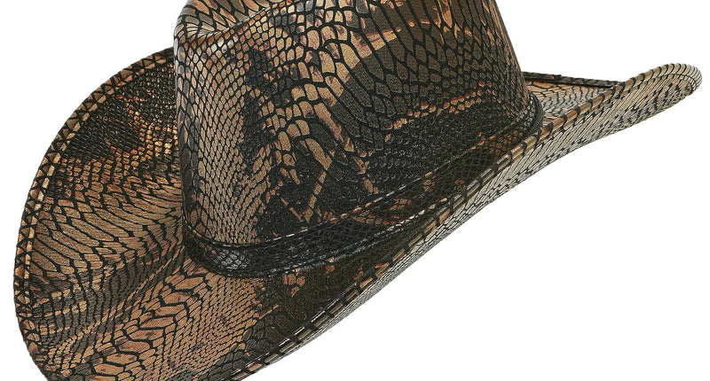Cowboyhoed met pythonprint in bruin en zwart, westernvorm met opgekrulde rand
