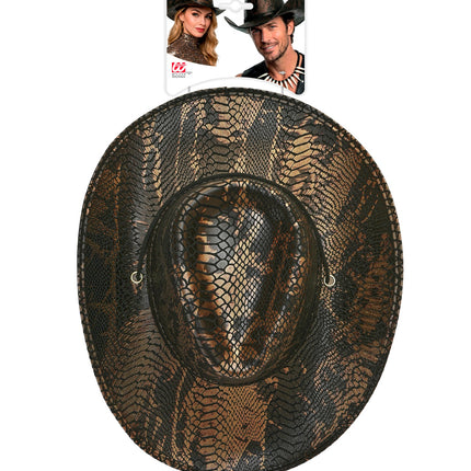 Cowboyhoed slangenprint van bovenaf met ingedeukte bol en metalen oogjes in de rand