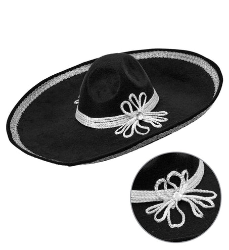Sombrero El Charro zilver, zwarte hoed met zilveren sierband en wit gevlochten koord met strik