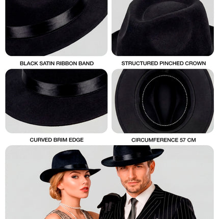Fedorahoed zwart met zwart band close-up – verkleedkleding