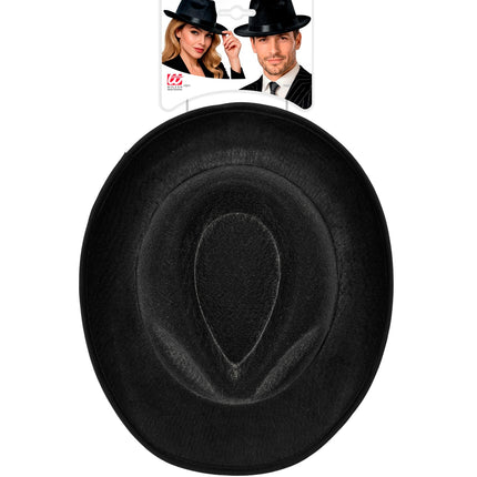 Fedorahoed zwart met zwart band zijaanzicht – verkleedkleding