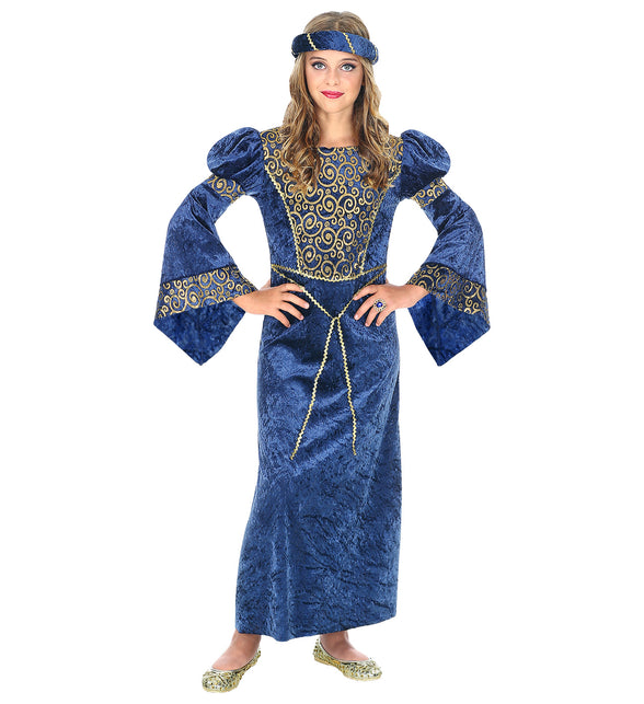 Renaissance kinderjurk detail met sierranden, middeleeuws kostuum meisje