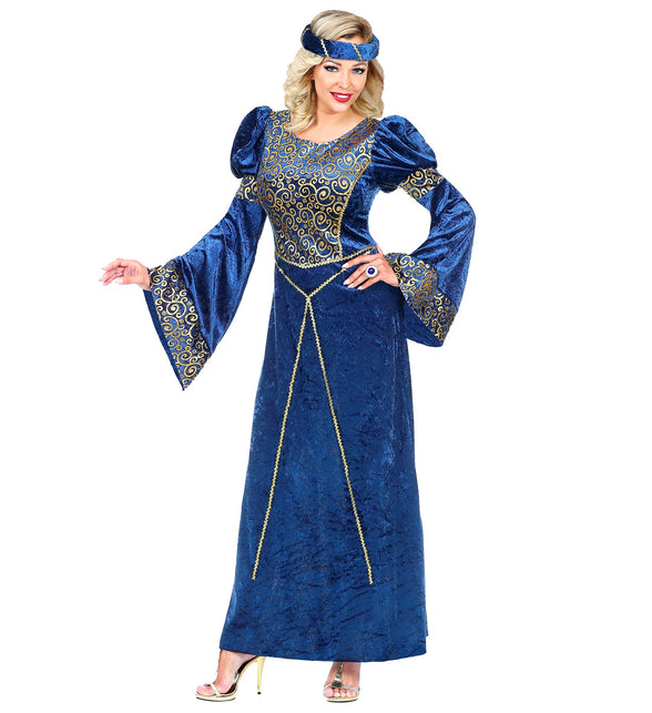 Renaissance kostuum blauw voor dames met hoofdtooi, middeleeuwse jonkvrouw jurk vooraanzicht