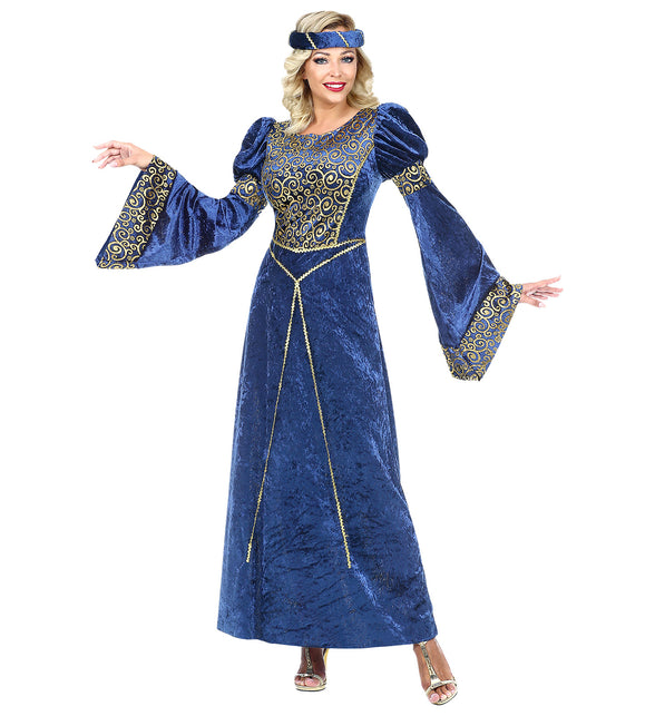 Middeleeuwse renaissance verkleedjurk dames blauw, edelvrouw outfit detail