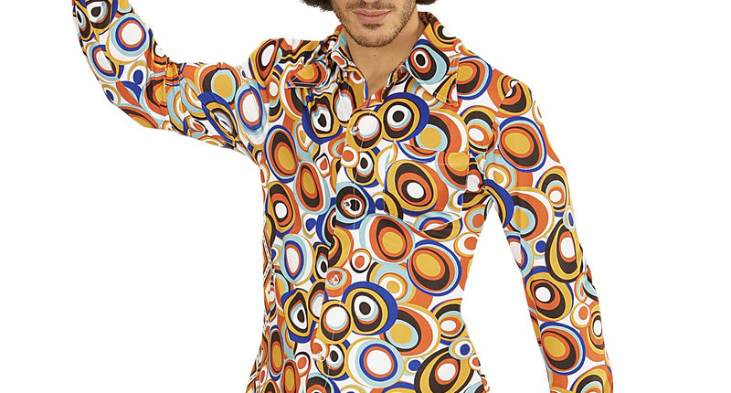 Jaren 70 disco hemd Groovy rondjes, retro seventies overhemd heren vooraanzicht