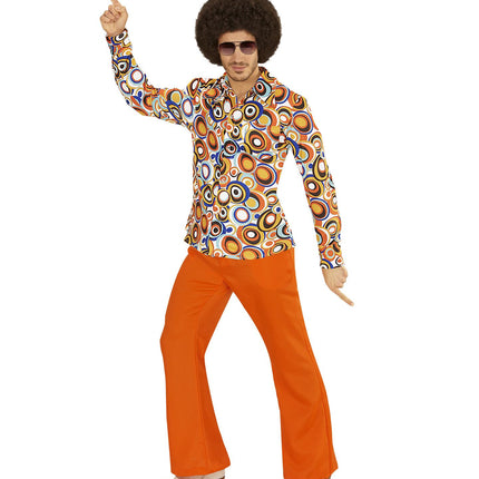 Disco hemd jaren 70 rondjesprint achterkant, retro groovy overhemd detail