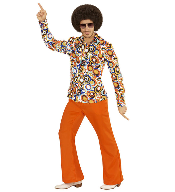 Disco hemd jaren 70 rondjesprint achterkant, retro groovy overhemd detail