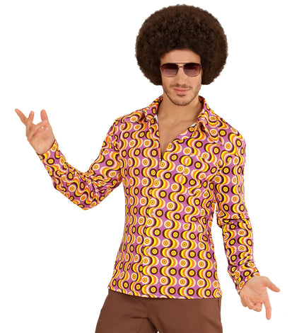 Jaren 70 disco hemd Groovy langspeelplaat, retro seventies overhemd heren vooraanzicht