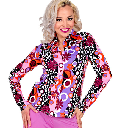 Groovy jaren 70 disco blouse dames detail - roze flower power hippie shirt