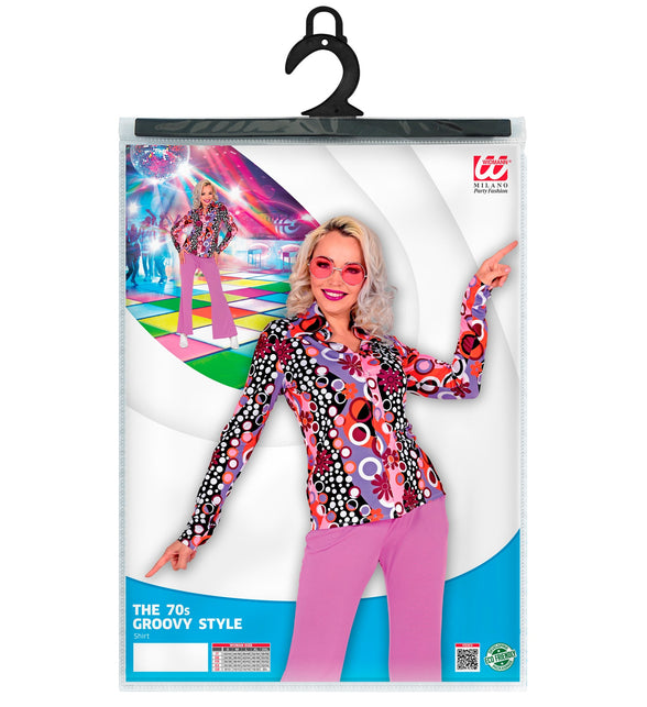 Disco shirt groovy jaren 70 dames achterkant - roze hippie discoblouse seventies