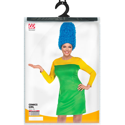 Marge Simpson kostuum compleet, blauwe cartoon jurk met pruik dames
