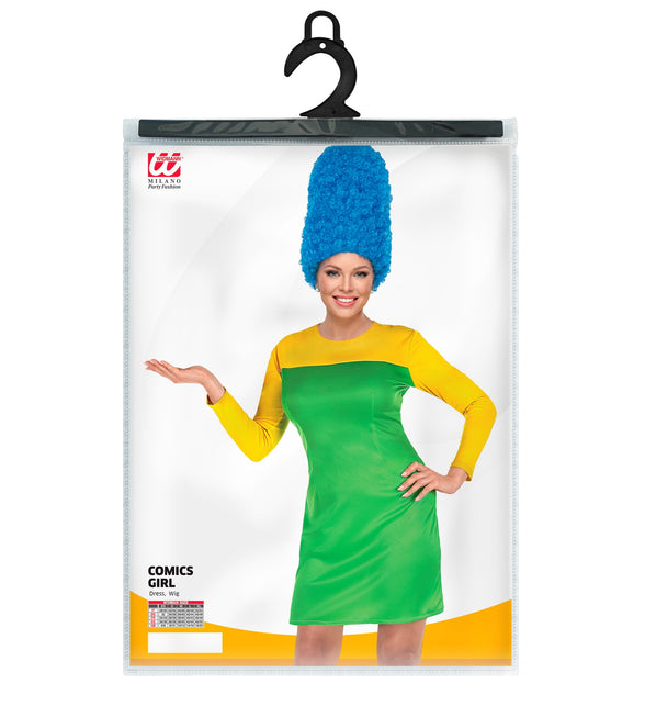 Marge Simpson kostuum compleet, blauwe cartoon jurk met pruik dames