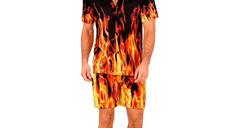 Zomer party set Flames heren - Hawaii blouse en short met vlammenprint