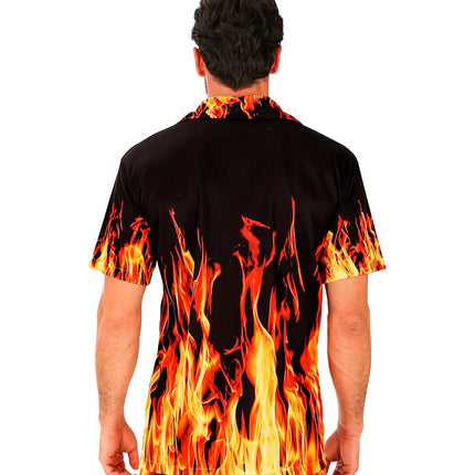 Zomer partyshirt Flames heren close-up - aloha hemd met vlammenmotief