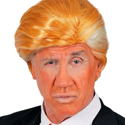 Pruik Mr. President voor heren van voren, oranjeblonde kuif met lichtere lokken bij de slapen