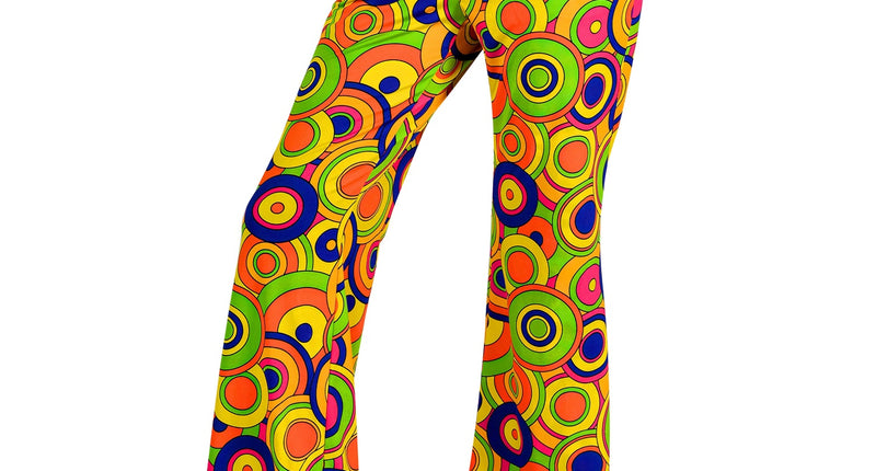 Jaren 70 broek groovy cirkels dames - gele hippie discobroek met cirkelprint
