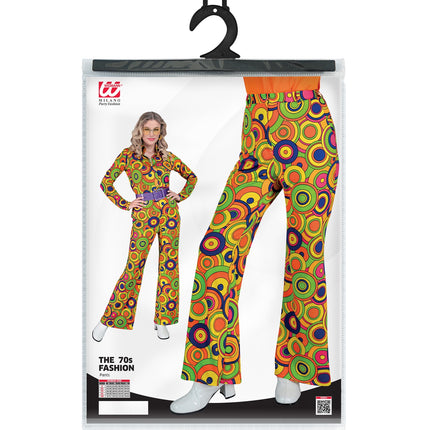 Jaren 70 broek groovy cirkels achterkant - gele hippie discobroek dames