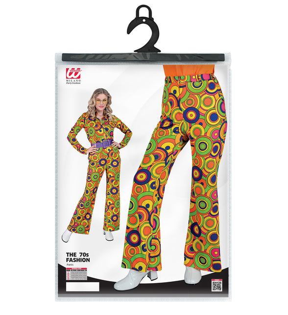 Jaren 70 broek groovy cirkels achterkant - gele hippie discobroek dames