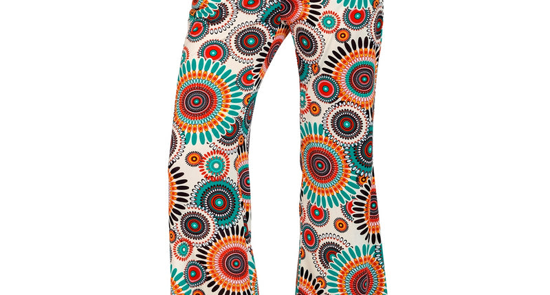 Jaren 70 broek vintage dames - kleurrijke retro hippie discobroek met vintage print