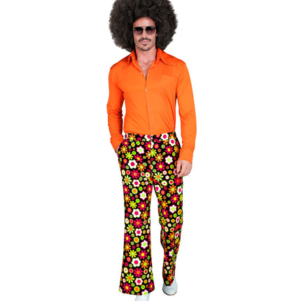 Jaren 70 flowers broek heren detail - kleurrijke hippie discobroek seventies