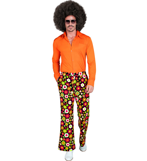 Jaren 70 flowers broek heren detail - kleurrijke hippie discobroek seventies