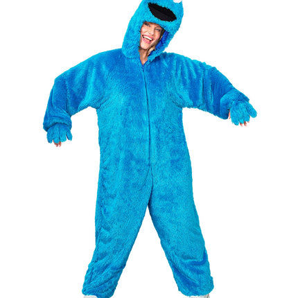 Snoep monster jumpsuit dames blauw, eendelig pluizig pak met rits aan de voorkant