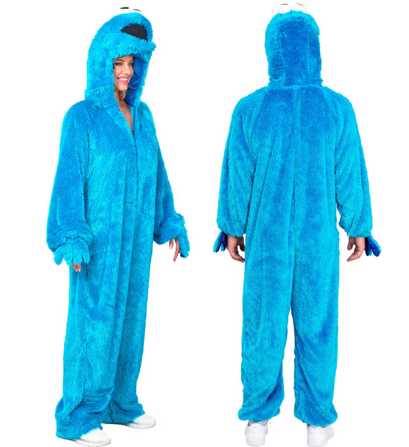 Monster jumpsuit voor- en achteraanzicht, capuchon met zwarte mond en witte ogen