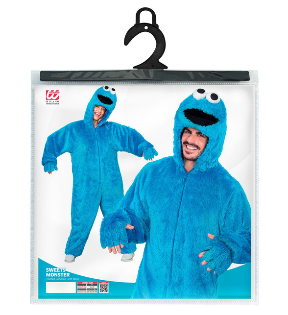 Verpakking van de snoep monster jumpsuit met capuchon en masker, maten M tot XL