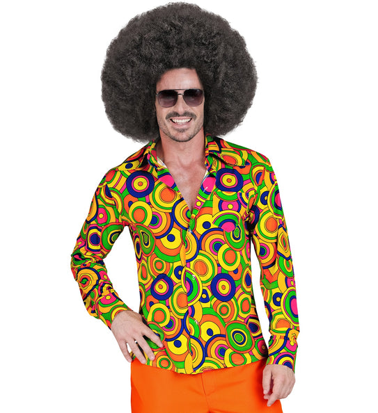 Jaren 70 shirt groovy cirkels heren - geel hippie discoshirt met cirkelprint
