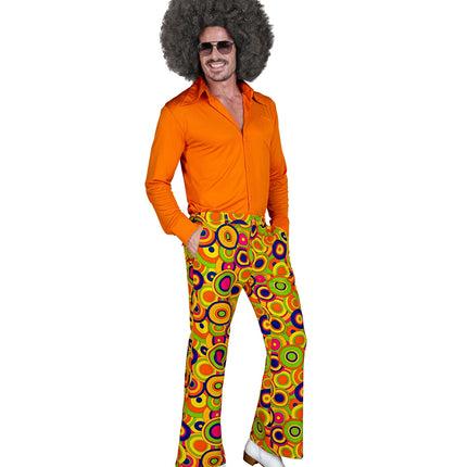 Jaren 70 groovy broek heren detail - gele hippie discobroek seventies