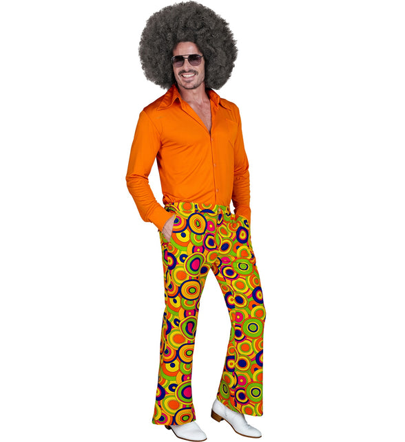 Jaren 70 groovy broek heren detail - gele hippie discobroek seventies